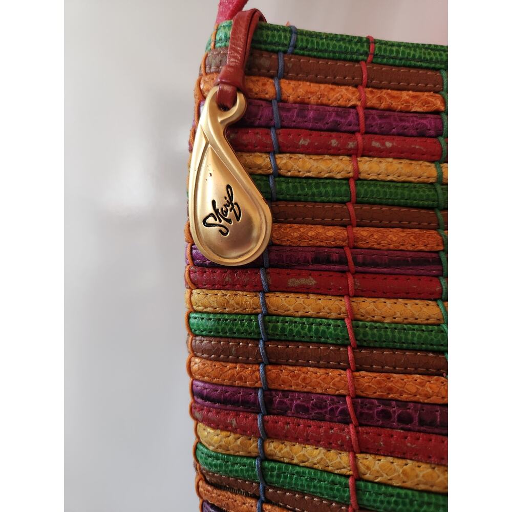 Vintage Sharif USA Purse Woven Leather Shoulder Bag Green Red Yellow 1980s - Picture 5 of 7